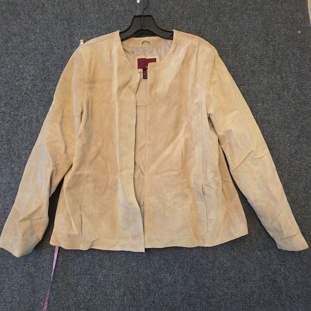 Merona Jacket Womens XL Beige Suede Leather Open Front Lined Pockets Short Basic